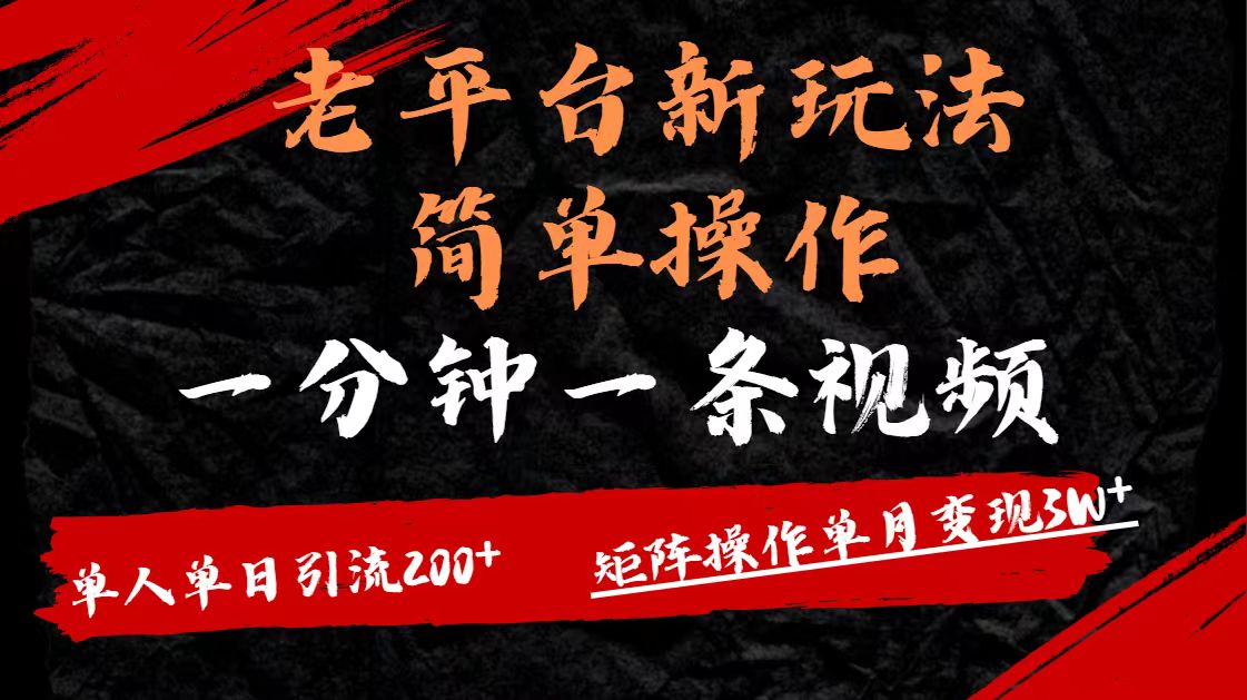 老平台，新玩法，简单操作，一分钟一条视频，单人单人引流200+矩阵操作，单月变现3W-安哥网络创业副业