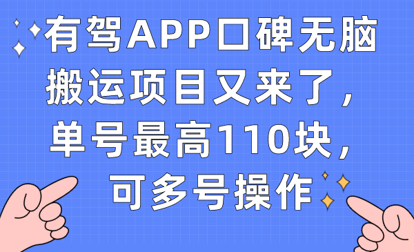 有驾APP口碑无脑搬运项目又来了，单号最高110块，可多号操作-安哥网络创业副业