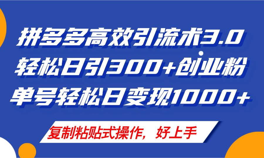 拼多多店铺引流技术3.0，日引300+付费创业粉，单号轻松日变现1000+-安哥网络创业副业