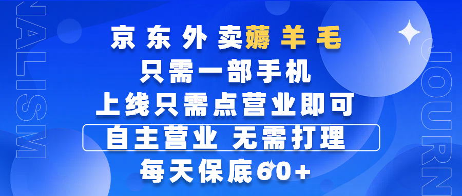 京东外卖薅羊毛，只需一部手机随时随地皆可操作，每天上线只需动动手指点营业即可，自主营业，无需打理，每天保底60+，赚钱是如此简单-安哥网络创业副业