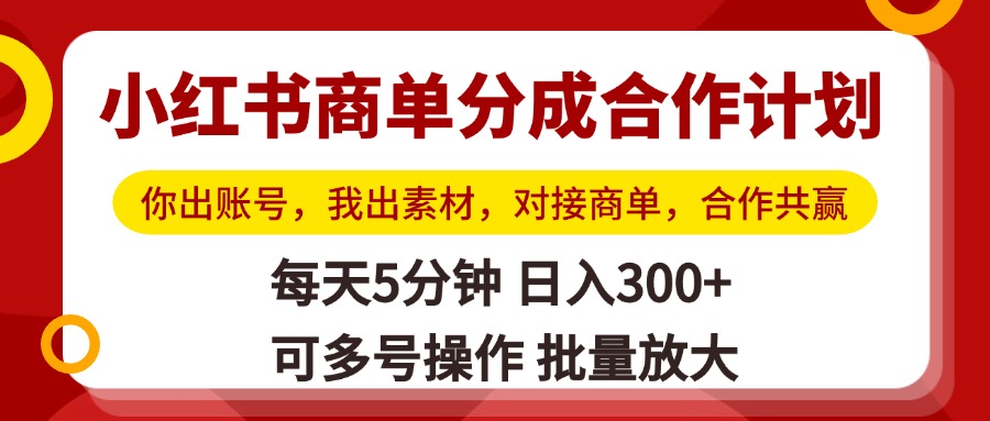 小红书商单分成合作计划，你出账号，我出素材，对接商单，合作共赢，单号日入300+，可批量放大-安哥网络创业副业