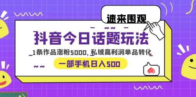 抖音今日话题玩法，1条作品涨粉5000，私域高利润单品转化 一部手机日入500-安哥网络创业副业