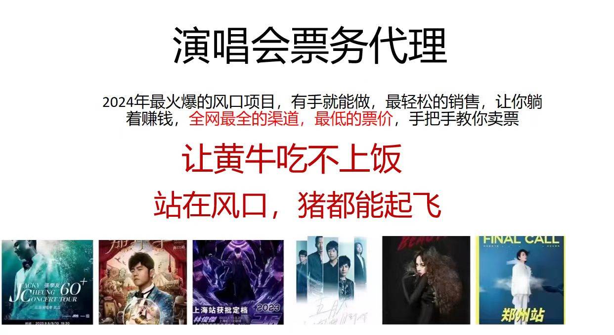 演唱会票务代理，2024年最火爆风口项目，全网最低的票价，小白一分钟上…-安哥网络创业副业