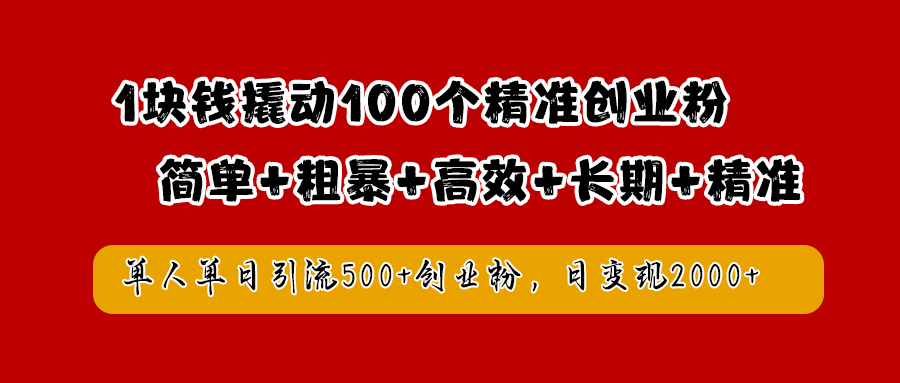 1块钱撬动100个精准创业粉，简单粗暴高效长期精准，单人单日引流500+创业粉，日变现2000+-安哥网络创业副业