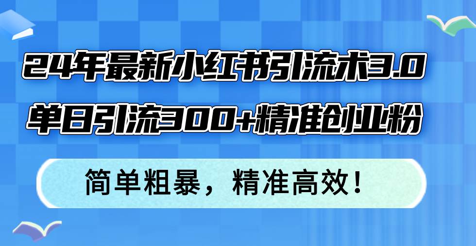 24年最新小红书引流术3.0，单日引流300+精准创业粉，简单粗暴，精准高效！-安哥网络创业副业