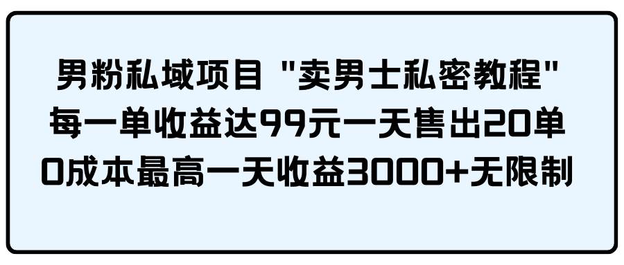 男粉私域项目 卖男士私密教程 每一单收益达99元一天售出20单-安哥网络创业副业