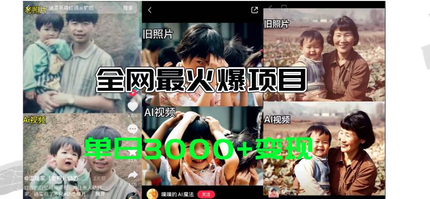 全网爆火的AI让老照片动起来教程，蹭热点日赚3000+，内含免费工具一键…-安哥网络创业副业