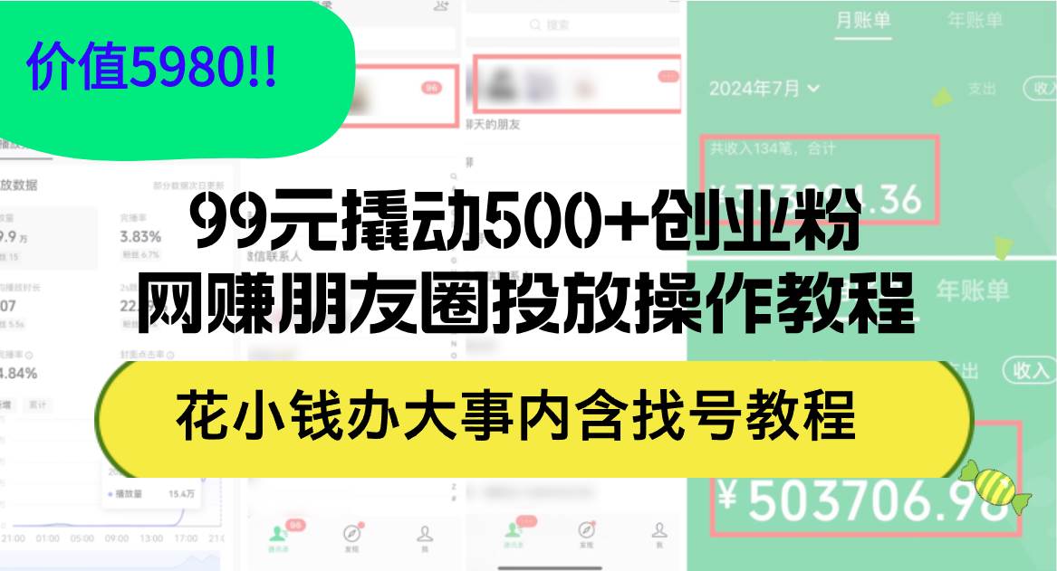 99元撬动500+创业粉，网赚朋友圈投放操作教程价值5980！花小钱办大事内…-安哥网络创业副业