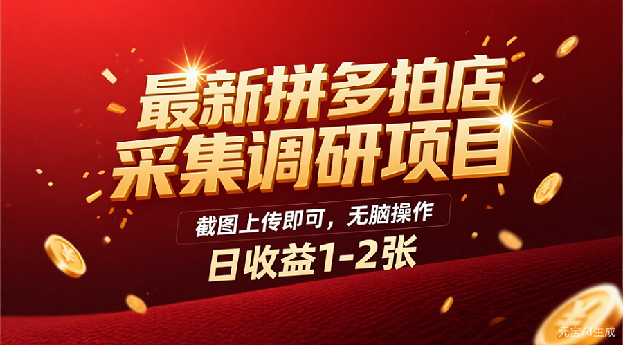 最新拼多多拍店采集调研项目，截图上传即可，无脑操作，日收益1-2张-安哥网络创业副业